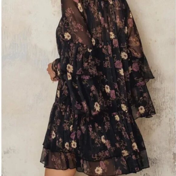 🌸 Free People Black Sheer Floral Ruffle Dress w/ Slip | Tie Neck Boho Romantic - Picture 2 of 14